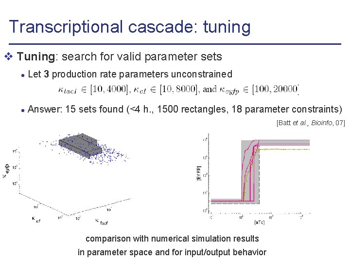 Transcriptional cascade: tuning v Tuning: search for valid parameter sets l Let 3 production