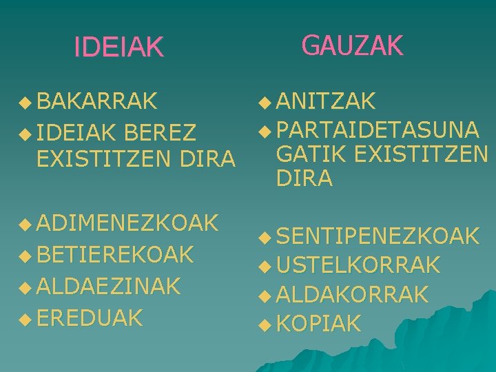 IDEIAK GAUZAK u BAKARRAK u ANITZAK u IDEIAK u PARTAIDETASUNA BEREZ EXISTITZEN DIRA u