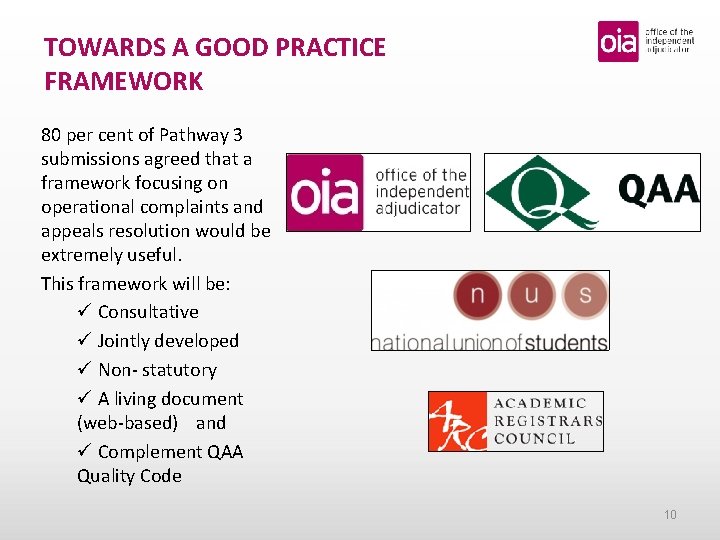 TOWARDS A GOOD PRACTICE FRAMEWORK 80 per cent of Pathway 3 submissions agreed that