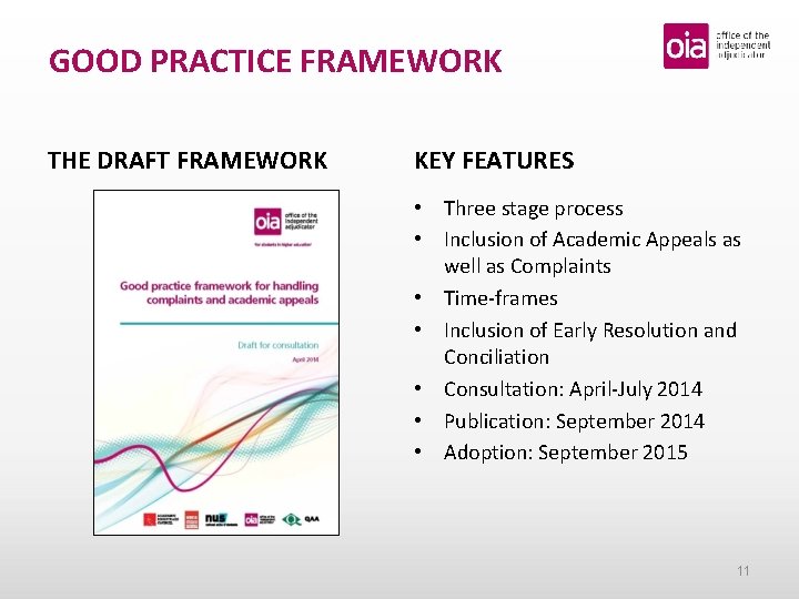 GOOD PRACTICE FRAMEWORK THE DRAFT FRAMEWORK KEY FEATURES • Three stage process • Inclusion