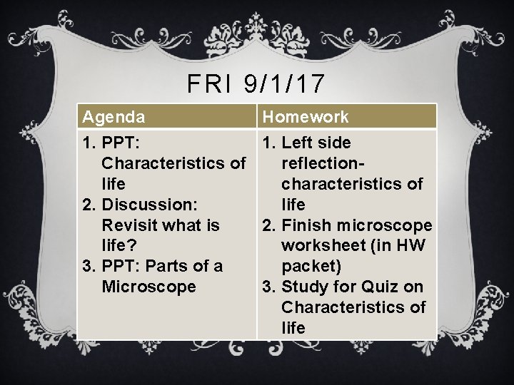 FRI 9/1/17 Agenda 1. PPT: Characteristics of life 2. Discussion: Revisit what is life?