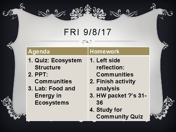 FRI 9/8/17 Agenda 1. Quiz: Ecosystem Structure 2. PPT: Communities 3. Lab: Food and