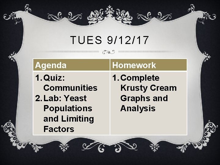 TUES 9/12/17 Agenda 1. Quiz: Communities 2. Lab: Yeast Populations and Limiting Factors Homework