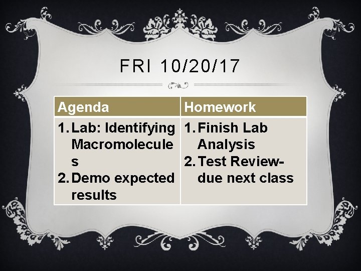 FRI 10/20/17 Agenda Homework 1. Lab: Identifying 1. Finish Lab Macromolecule Analysis s 2.