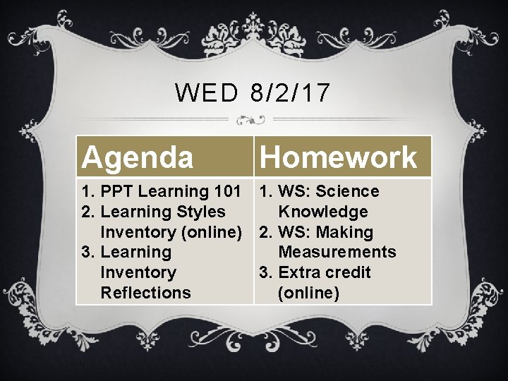 WED 8/2/17 Agenda Homework 1. PPT Learning 101 1. WS: Science 2. Learning Styles
