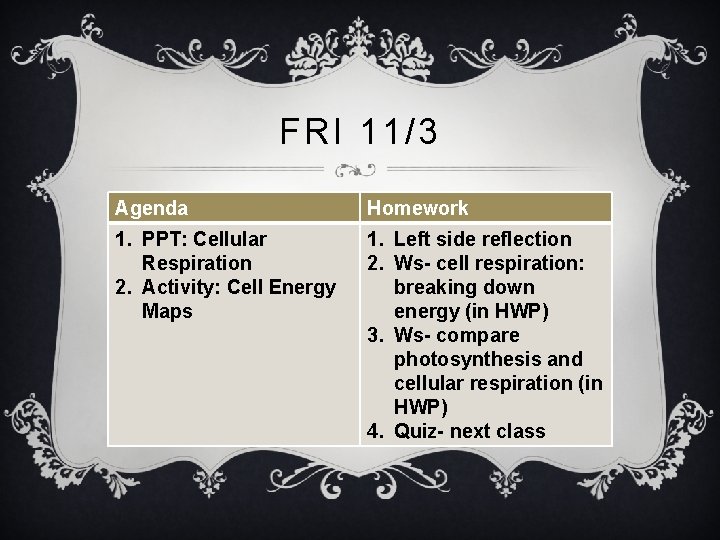 FRI 11/3 Agenda Homework 1. PPT: Cellular Respiration 2. Activity: Cell Energy Maps 1.