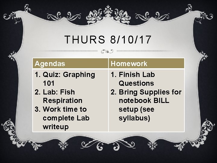 THURS 8/10/17 Agendas 1. Quiz: Graphing 101 2. Lab: Fish Respiration 3. Work time