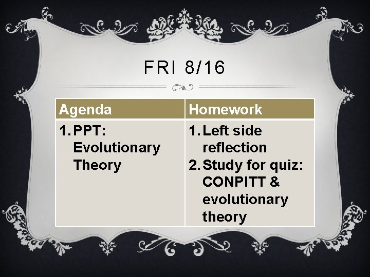 FRI 8/16 Agenda 1. PPT: Evolutionary Theory Homework 1. Left side reflection 2. Study