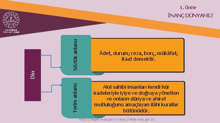 1. Ünite Sözlük anlamı det, durum; ceza, borç, mükâfat; itaat demektir. Terim anlamı Din