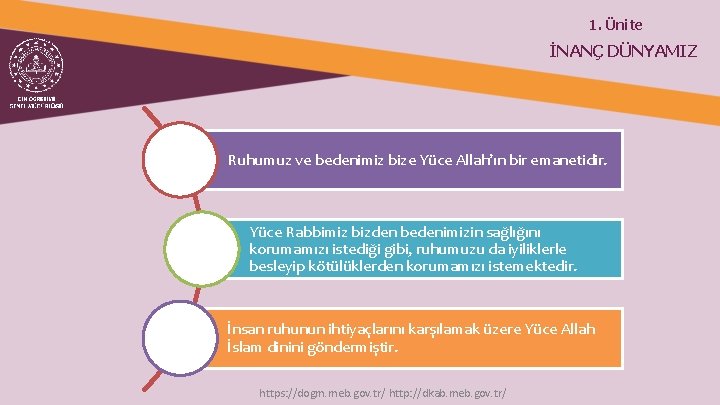 1. Ünite İNANÇ DÜNYAMIZ Ruhumuz ve bedenimiz bize Yüce Allah’ın bir emanetidir. Yüce Rabbimiz