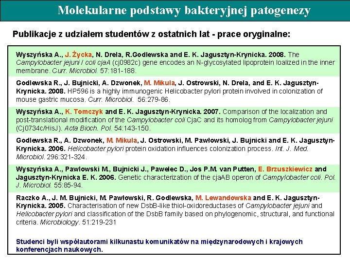 Molekularne podstawy bakteryjnej patogenezy Publikacje z udziałem studentów z ostatnich lat - prace oryginalne: