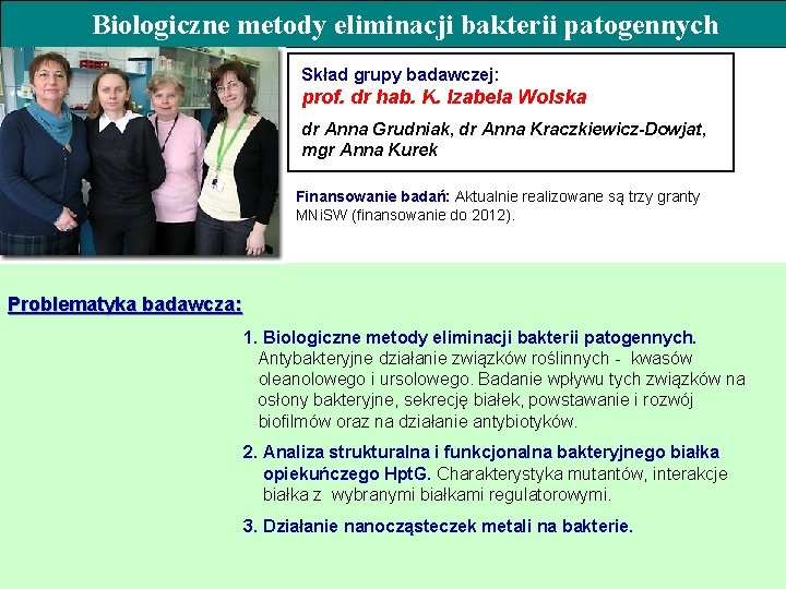 Biologiczne metody eliminacji bakterii patogennych Skład grupy badawczej: prof. dr hab. K. Izabela Wolska