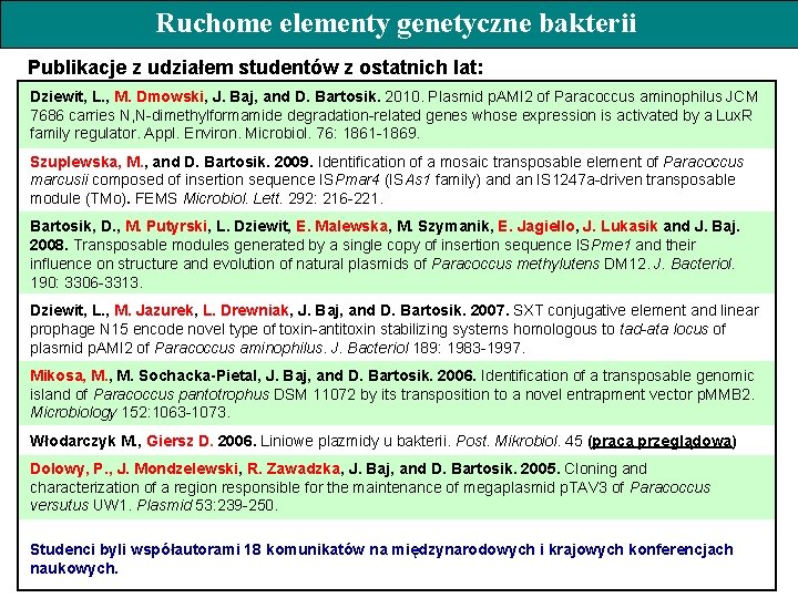 Ruchome elementy genetyczne bakterii Publikacje z udziałem studentów z ostatnich lat: Dziewit, L. ,