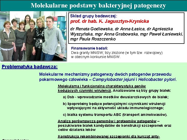 Molekularne podstawy bakteryjnej patogenezy Skład grupy badawczej: prof. dr hab. K. Jagusztyn-Krynicka dr Renata