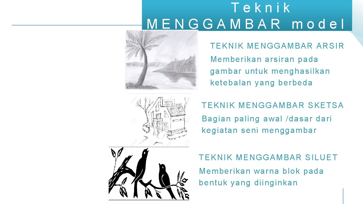 Teknik MENGGAMBAR model TEKNIK MENGGAMBAR ARSIR Memberikan arsiran pada gambar untuk menghasilkan ketebalan yang Teknik MENGGAMBAR model TEKNIK MENGGAMBAR ARSIR Memberikan arsiran pada gambar untuk menghasilkan ketebalan yang