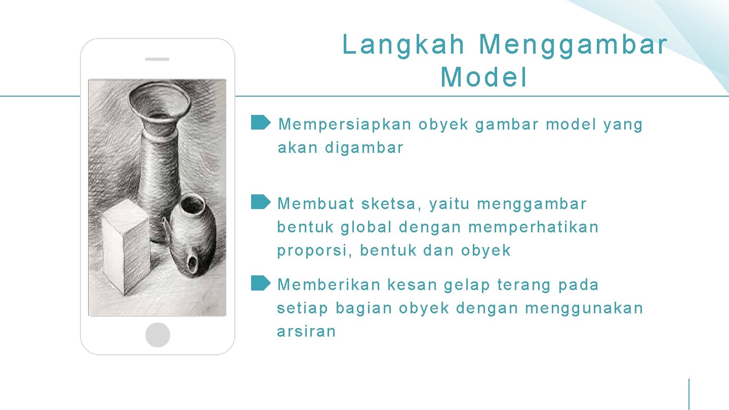Langkah Menggambar Model Mempersiapkan obyek gambar model yang akan digambar Membuat sketsa, yaitu menggambar Langkah Menggambar Model Mempersiapkan obyek gambar model yang akan digambar Membuat sketsa, yaitu menggambar