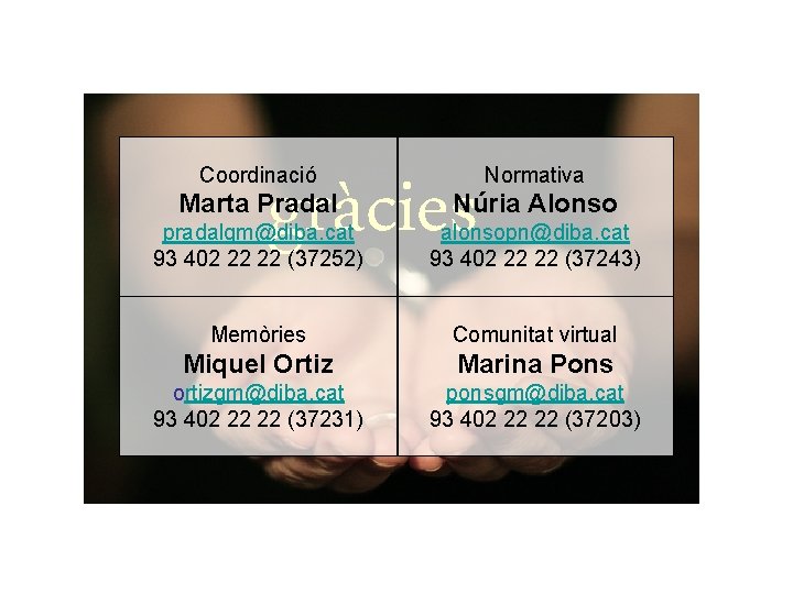 gràcies Coordinació Normativa Marta Pradal Núria Alonso pradalgm@diba. cat 93 402 22 22 (37252)