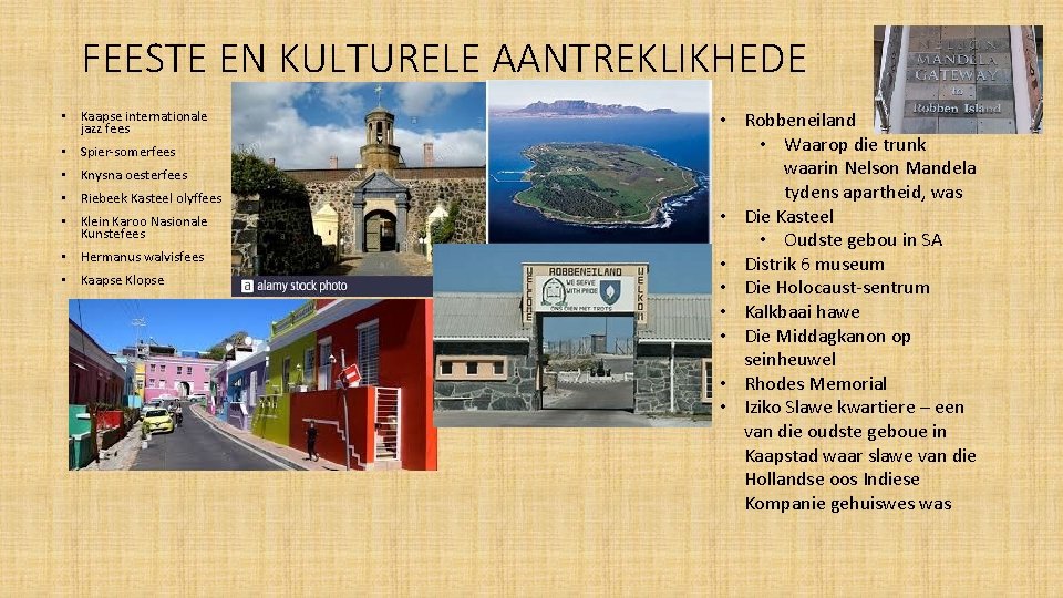 FEESTE EN KULTURELE AANTREKLIKHEDE • Kaapse internationale jazz fees • Spier-somerfees • Knysna oesterfees