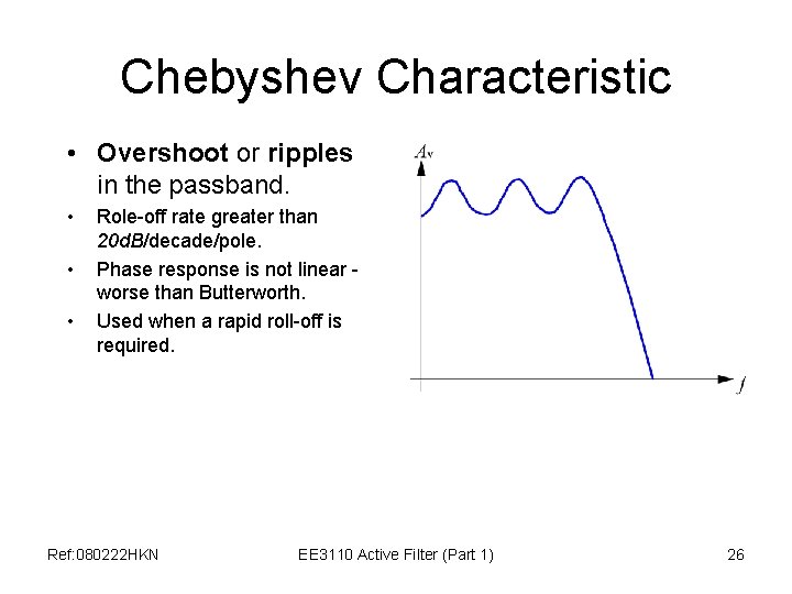 Chebyshev Characteristic • Overshoot or ripples in the passband. • • • Role-off rate