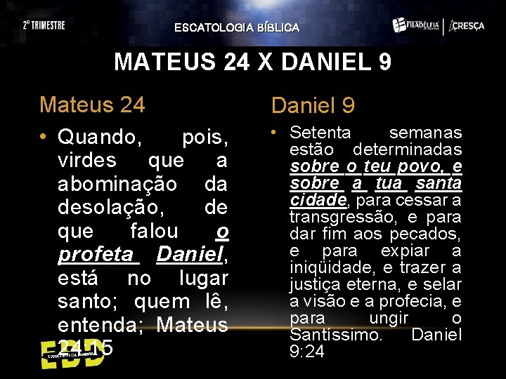 ESCATOLOGIA BÍBLICA MATEUS 24 X DANIEL 9 Mateus 24 • Quando, pois, virdes que