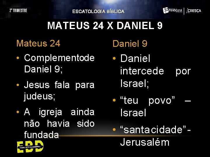 ESCATOLOGIA BÍBLICA MATEUS 24 X DANIEL 9 Mateus 24 Daniel 9 • Complementode Daniel