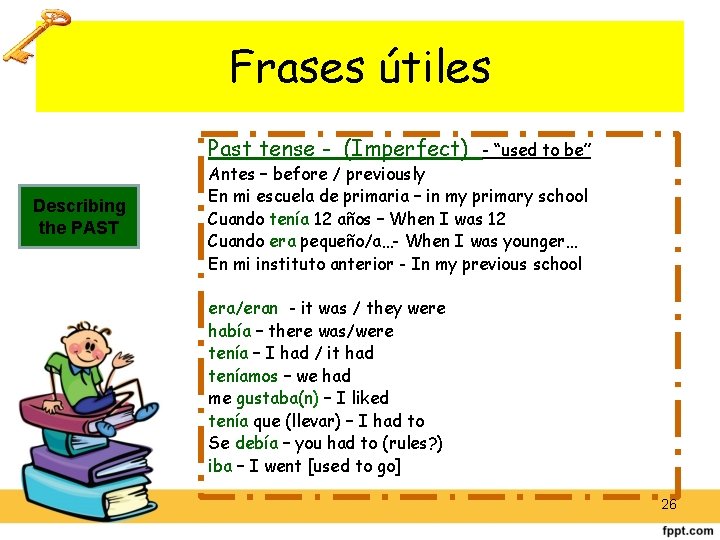 Frases útiles Past tense - (Imperfect) Describing the PAST - “used to be” Antes