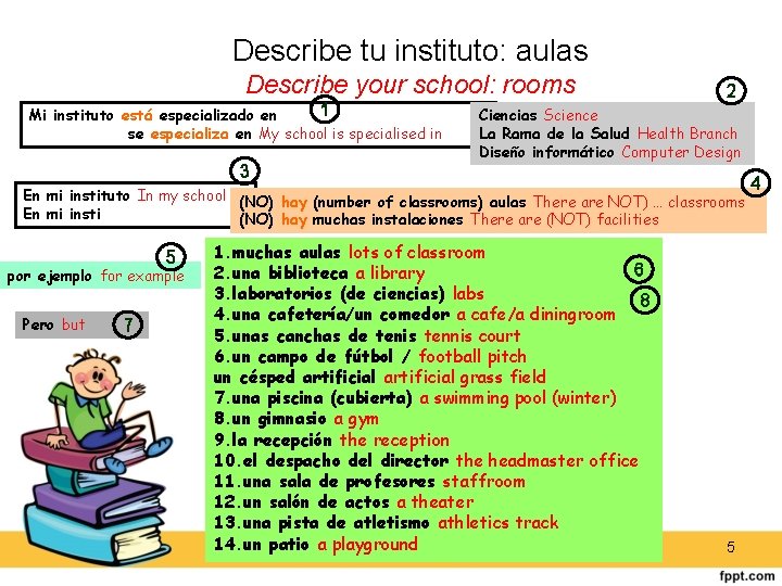 Describe tu instituto: aulas Describe your school: rooms 1 Mi instituto está especializado en