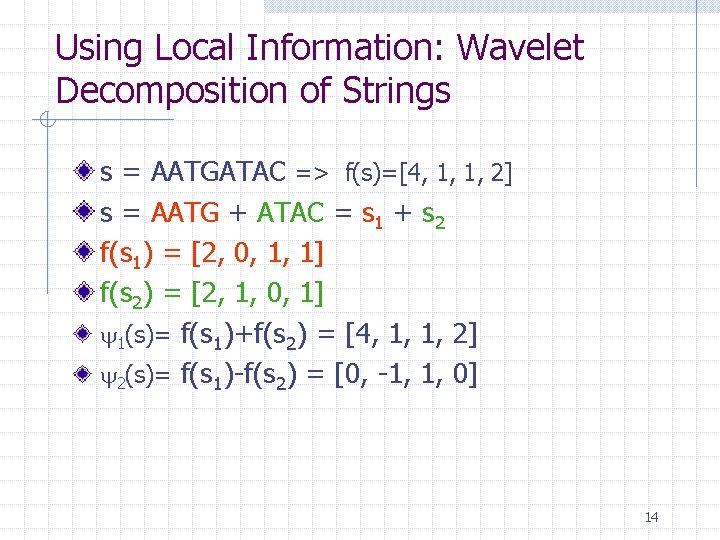 Using Local Information: Wavelet Decomposition of Strings s = AATGATAC => f(s)=[4, 1, 1,