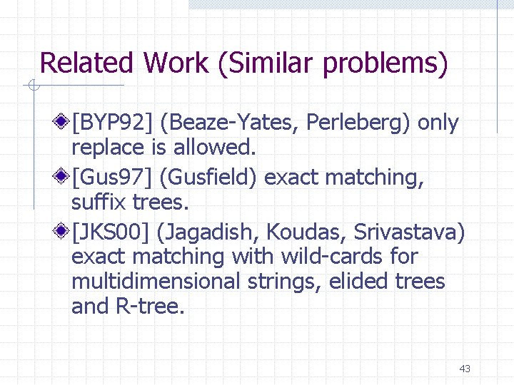 Related Work (Similar problems) [BYP 92] (Beaze-Yates, Perleberg) only replace is allowed. [Gus 97]