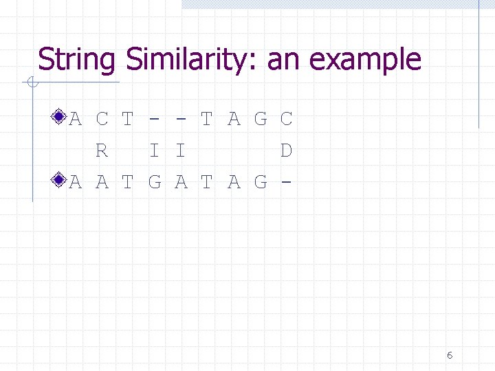 String Similarity: an example A C T - - T A G C R