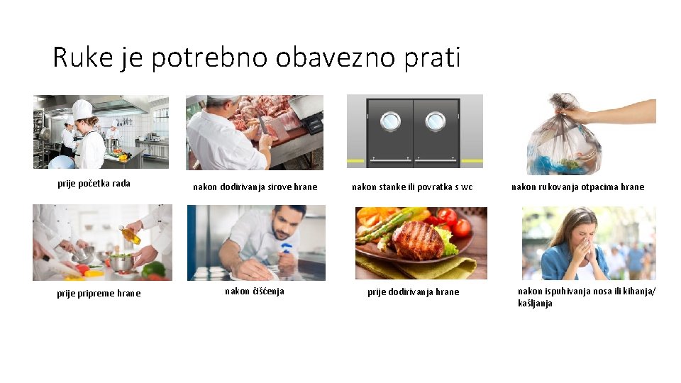 Ruke je potrebno obavezno prati prije početka rada prije pripreme hrane nakon dodirivanja sirove