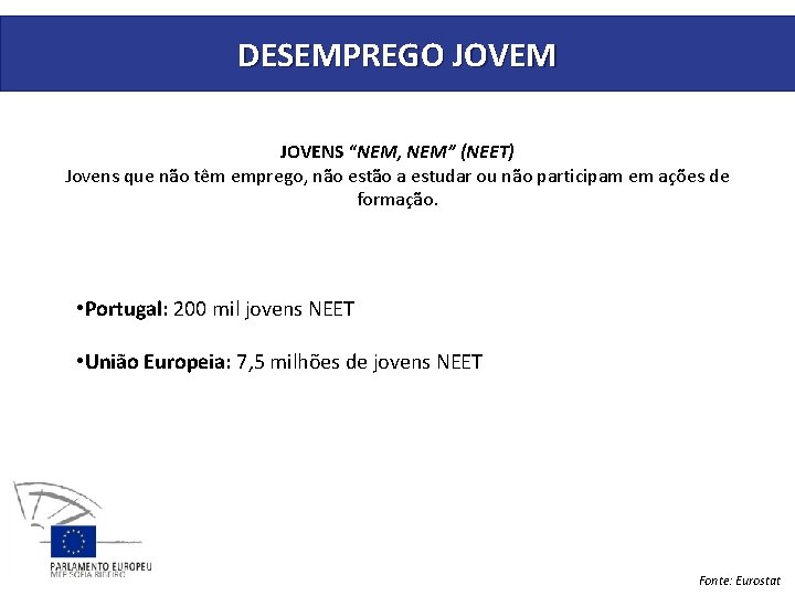 DESEMPREGO JOVEM JOVENS “NEM, NEM” (NEET) Jovens que não têm emprego, não estão a