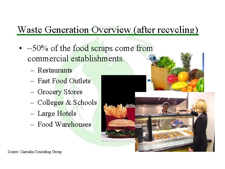 Waste Generation Overview (after recycling) • ~50% of the food scraps come from commercial
