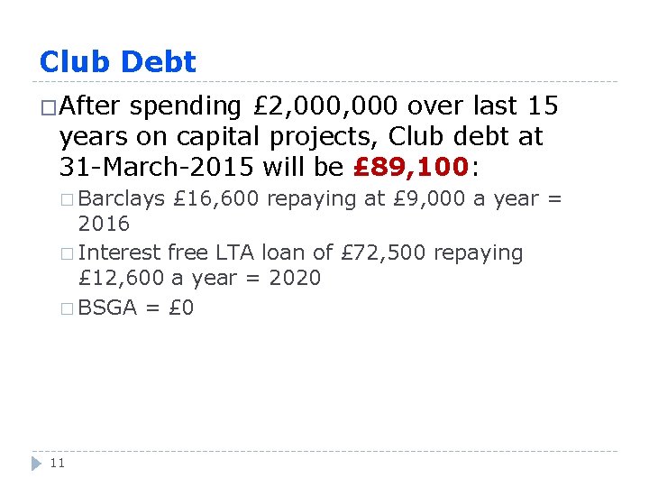 Club Debt �After spending £ 2, 000 over last 15 years on capital projects,