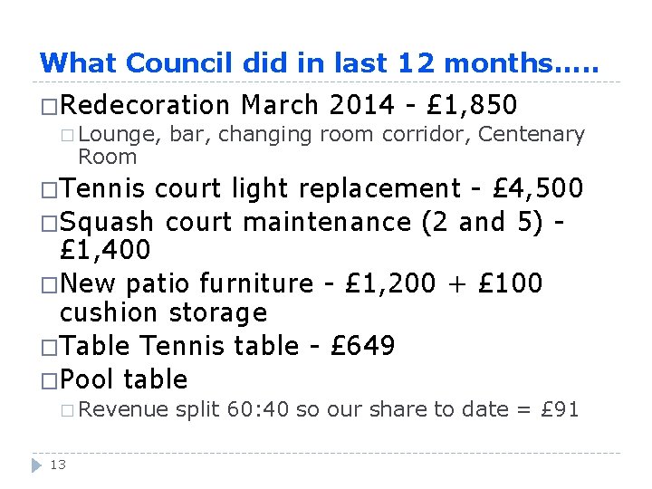What Council did in last 12 months…. . �Redecoration March 2014 - £ 1,