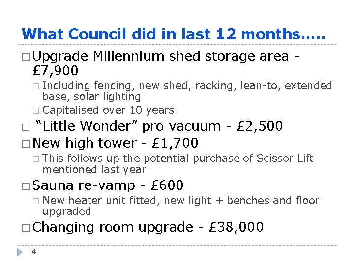 What Council did in last 12 months…. . �Upgrade £ 7, 900 Millennium shed