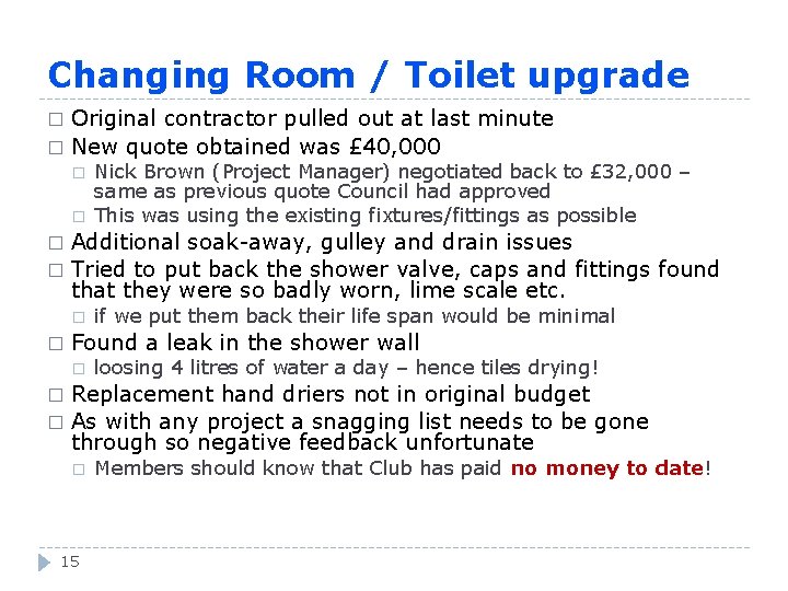 Changing Room / Toilet upgrade Original contractor pulled out at last minute � New