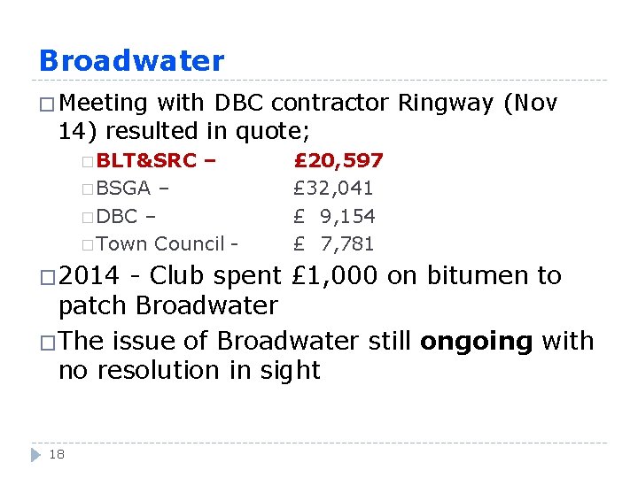Broadwater � Meeting with DBC contractor Ringway (Nov 14) resulted in quote; � BLT&SRC