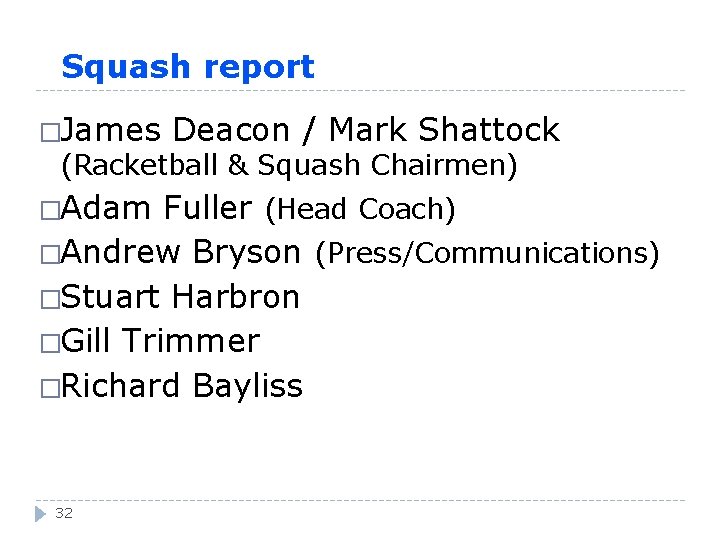 Squash report �James Deacon / Mark Shattock (Racketball & Squash Chairmen) �Adam Fuller (Head