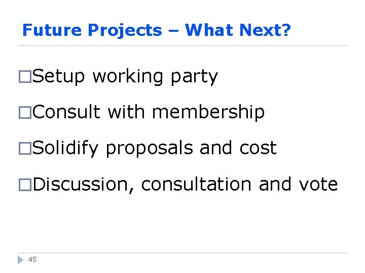 Future Projects – What Next? �Setup working party �Consult with membership �Solidify proposals and