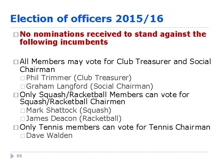 Election of officers 2015/16 � No nominations received to stand against the following incumbents