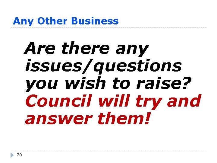 Any Other Business Are there any issues/questions you wish to raise? Council will try