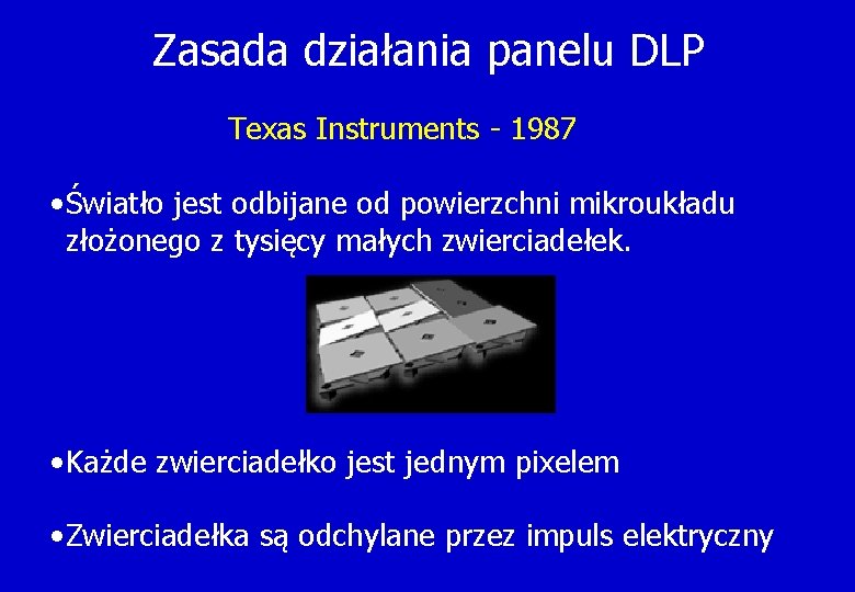 Zasada działania panelu DLP Texas Instruments - 1987 • Światło jest odbijane od powierzchni