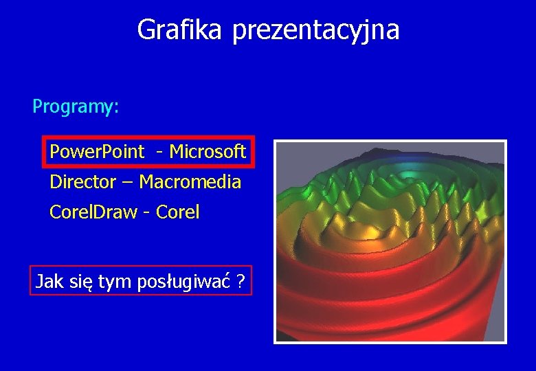 Grafika prezentacyjna Programy: Power. Point - Microsoft Director – Macromedia Corel. Draw - Corel