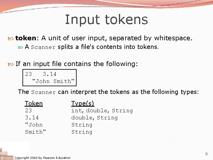 Input tokens token: A unit of user input, separated by whitespace. A Scanner splits