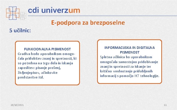 E-podpora za brezposelne 5 učilnic: FUNKCIONALNA PISMENOST Gradiva bodo uporabnikom omogočala pridobitev znanj in