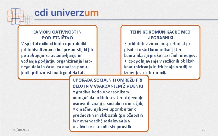 SAMOINICIATIVNOST IN PODJETNIŠTVO V spletni učilnici bodo uporabniki pridobivali znanja in spretnosti, ki jih