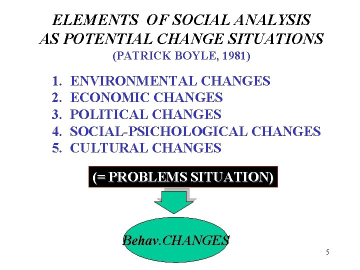 ELEMENTS OF SOCIAL ANALYSIS AS POTENTIAL CHANGE SITUATIONS (PATRICK BOYLE, 1981) 1. 2. 3.