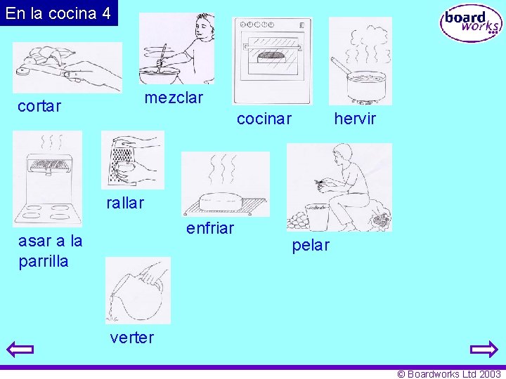 En la cocina 4 mezclar cortar cocinar hervir rallar enfriar asar a la parrilla