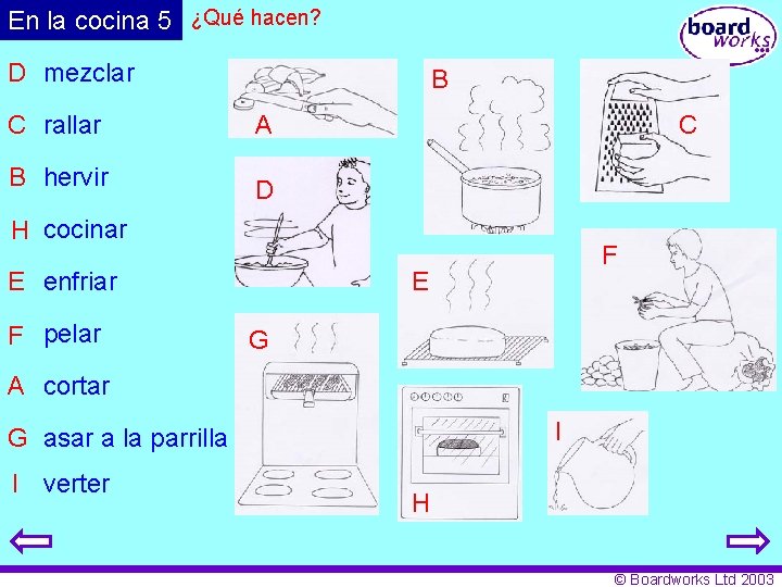 En la cocina 5 ¿Qué hacen? D mezclar B C rallar A B hervir